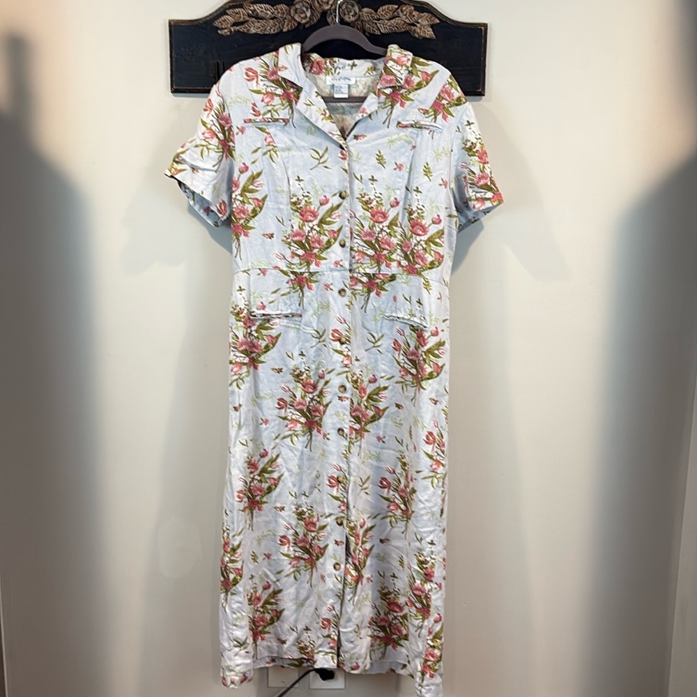 Vintage Lanz of Salzburg Linen Floral Button Down Maxi Dress Size 14 - Picture 2 of 13